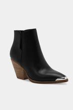Black Leather Ankle Boots with Block Heel and Pointed Metal Tip Toe