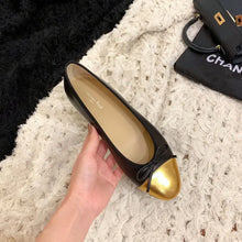 Black Leather Ballet Flats with Gold Toe and Bow Detail for Women Woman Loafers