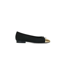 Black Leather Ballet Flats with Gold Toe and Bow Detail for Women Gold Woman Loafers