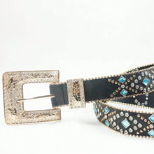 Black leather belt with turquoise rhinestone PU leather accents