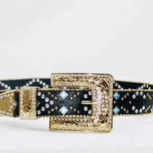 Black leather belt with gold buckle and rhinestone PU leather accents