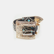 Black leather belt with gold buckle and rhinestone PU leather accents