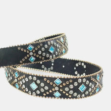 Black leather belt with gold buckle and rhinestone PU leather accents