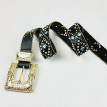 Elegant black leather belt with gold buckle and rhinestone PU leather accents