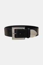 Black leather belt with rectangular zinc alloy buckle
