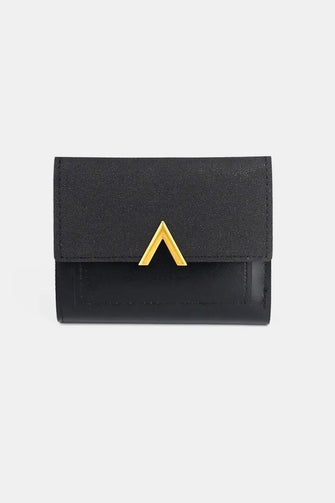 Black Leather Compact Trifold Wallet with Gold V Accent Black One Size