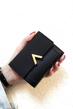 Black Leather Compact Trifold Wallet with Gold V Accent