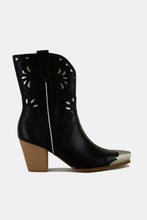 Black Leather Cowboy Boots with Floral Embroidery and Stacked Heel Height