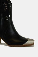 Black Leather Cowboy Boots with Floral Embroidery and Stacked Heel Height