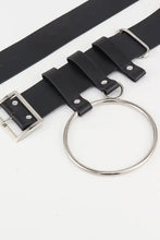 Black leather harness belt with silver chain, O-ring, and belt size options
