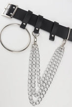 Black leather harness belt with silver chain, O-ring, and belt size options