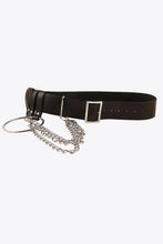 Black leather harness belt with silver chain, O-ring, and belt size options