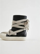 Black Leather High-Top Sneakers with Wrapped Laces for Women Woman Boots