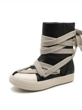 Black Leather High-Top Sneakers with Wrapped Laces for Women