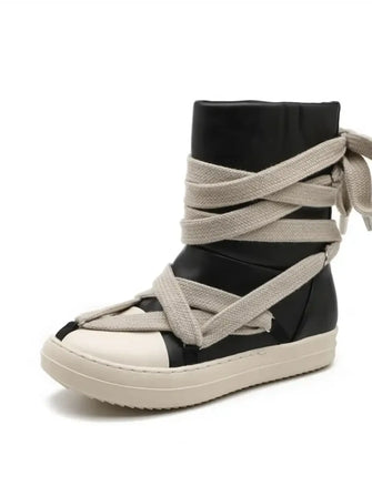 Black Leather High-Top Sneakers with Wrapped Laces for Women