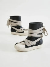 Black Leather High-Top Sneakers with Wrapped Laces for Women Woman Boots