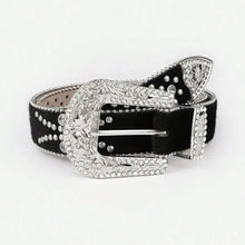 Black leather inlaid rhinestone belt with ornate silver buckle