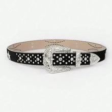 Black leather inlaid rhinestone belt with polka dots and silver buckle