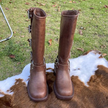 Black Leather Knee-High Boots with Silver Buckle Straps for Women Brown