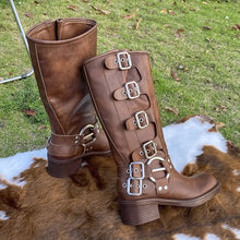 Black Leather Knee-High Boots with Silver Buckle Straps for Women