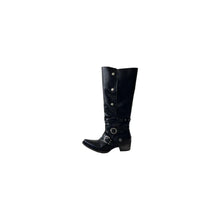 Black Leather Studded Knee-High Boots with Buckles for Women Black