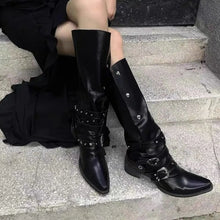 Black Leather Studded Knee-High Boots with Buckles for Women