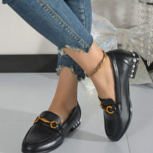 Black Leather Loafers with Gold Hardware and Pearl Accents for Women Woman Loafers