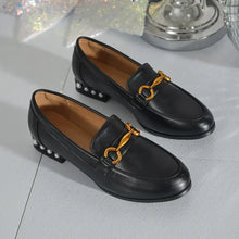 Black Leather Loafers with Gold Hardware and Pearl Accents for Women Woman Loafers