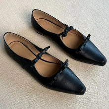 Black Leather Mary Jane Flats with Bow and Ankle Frills for Women Woman Loafers