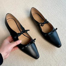 Black Leather Mary Jane Flats with Bow and Ankle Frills for Women Woman Loafers
