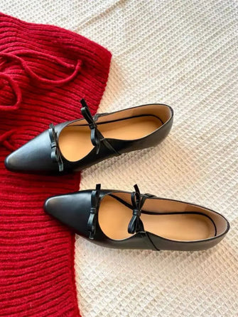 Black Leather Mary Jane Flats with Bow and Ankle Frills for Women Black Woman Loafers