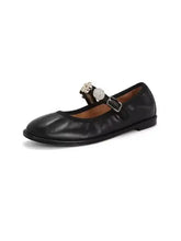 Black leather round toe flats loafers with rhinestone strap