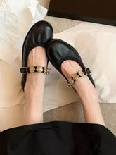 Black leather round toe flats loafers with embellished Mary Jane ankle straps