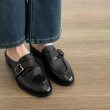 Black leather monk strap round toe flats loafers with buckle
