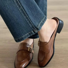 Brown leather round toe flats loafers with buckle closure