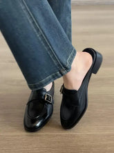 Black leather monk strap round toe flats loafers with single buckle