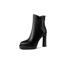 Black Leather Platform Ankle Boots for Women Black