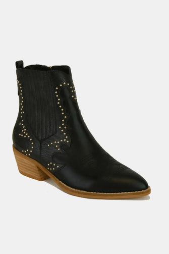 Black Leather Point Toe Boots with Gold Studs for Women Black