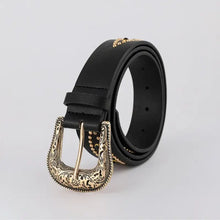 Black leather rhinestone belt with ornate gold buckle and studs