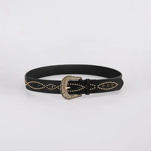 Black leather rhinestone belt with ornate silver buckle and gold studs