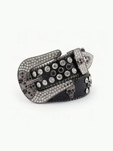 Black leather skull belt with rhinestone-studded accents and skull buckles