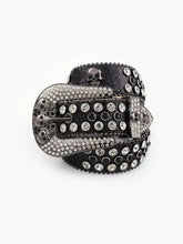 Black leather skull belt with studded accents, silver hardware, and rhinestone buckle