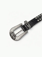 Black glittery leather skull belt with silver rhinestone buckle and studs