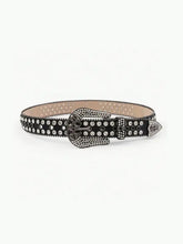 Black leather skull belt with rhinestone buckle and studded accents