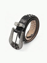Black leather skull belt with rhinestone buckle and studded accents