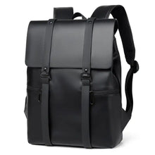 Sleek black faux leather adjustable strap backpack bag with front buckles