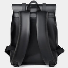 Black waterproof roll-top backpack with leather adjustable strap