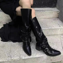 Black leather knee-high studded boots with silver buckles for women