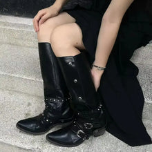 Black leather knee-high studded boots with buckles for women