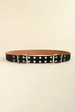 Black leather two row eyelet belt with double silver buckles